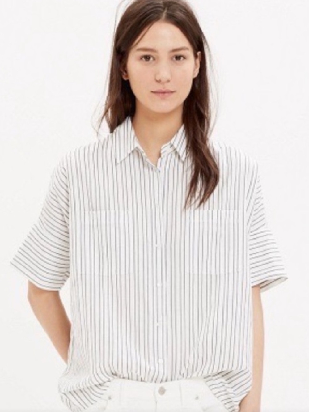 Madewell White Pinstriped Courier Box Striped Short-Sleeve Button-Down Shirt